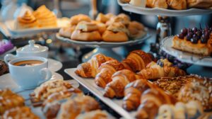 Cup of coffee next to a breakfast pastry display